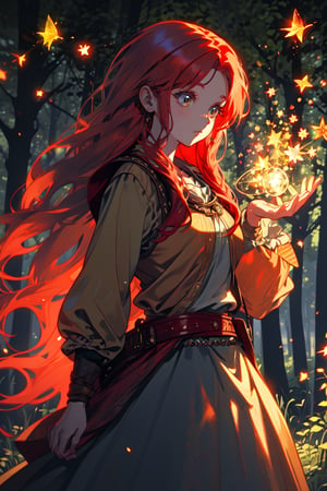 a gypsy woman, long red hair, in a forest at night, fireflies illuminate the night creating magical flashes, high quality, high resolution, high precision, realism, color correction, appropriate lighting settings, harmonious composition, old gypsy clothing