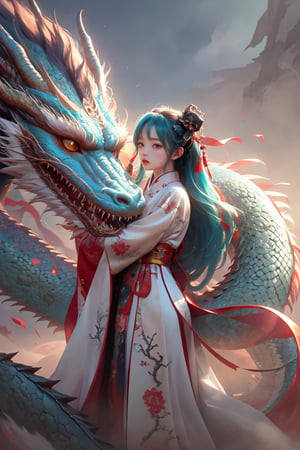 a Japanese ninja girl, with a dragon, long cyan hair, high quality, high resolution, high precision, realism, color correction, proper lighting settings, harmonious composition.,chinese dress