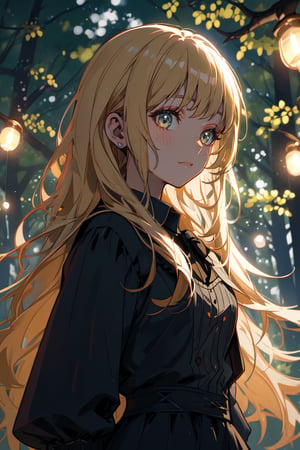 a young dark lady, sad_face , long blonde hair, forest night, high quality, high resolution, high precision, realism, color correction, proper lighting settings, harmonious composition,