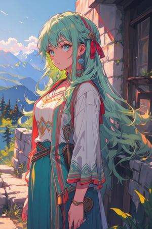 a gipsy girl, long green hair,  in a mountain, high quality, high resolution, high precision, realism, color correction, proper lighting settings, harmonious composition, girl, ancient gipsy clothes