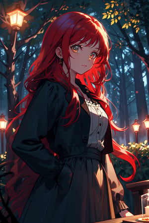 a young dark lady, sad_face , long red hair, forest night, high quality, high resolution, high precision, realism, color correction, proper lighting settings, harmonious composition,