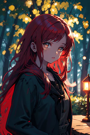 a young dark lady, with a sadness smile, long red hair, forest night, high quality, high resolution, high precision, realism, color correction, proper lighting settings, harmonious composition,