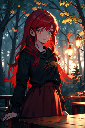 a young dark lady, with a sadness smile, long red hair, forest night, high quality, high resolution, high precision, realism, color correction, proper lighting settings, harmonious composition,