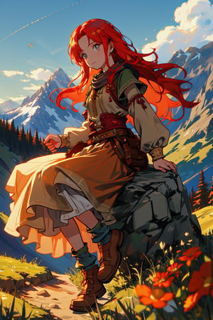 a gipsy girl, long red hair,  in a mountain, high quality, high resolution, high precision, realism, color correction, proper lighting settings, harmonious composition, girl, ancient gipsy clothes