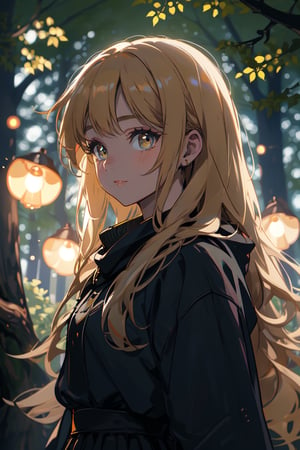 a young dark lady, sad_face , long blonde hair, forest night, high quality, high resolution, high precision, realism, color correction, proper lighting settings, harmonious composition,