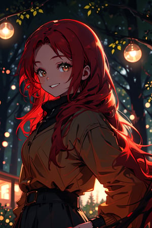 a young dark lady, sad smile in her face , long red hair, forest night, high quality, high resolution, high precision, realism, color correction, proper lighting settings, harmonious composition,