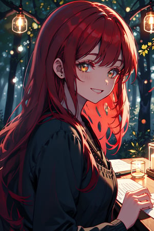 a young dark lady, sadness smile, long red hair, forest night, high quality, high resolution, high precision, realism, color correction, proper lighting settings, harmonious composition,