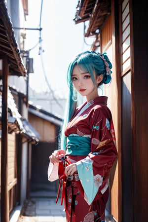 a Japanese ninja girl, long cyan hair, kimono, high quality, high resolution, high precision, realism, color correction, proper lighting settings, harmonious composition,red dress,anime girl