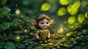 Macro photography scene. A tiny elf with delicate features, approximately 10 years old, stands in an enchanted forest during the morning. She wears a shimmering green dress adorned with intricate gold embroidery and tiny leaf-shaped accessories. Her long, flowing auburn hair cascades down her back. The forest is alive with magical elements: glowing mushrooms, sparkling dewdrops on spider webs, and tiny fireflies. The elf's expression is serene, with a slight smile as she gazes around protectively. The camera captures her from a mid-shot, using macro and tilt-shift photography to highlight the delicate details of the scene. Super high quality, 8k.