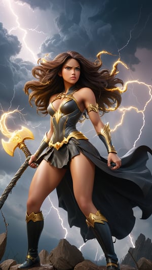 Towering and majestic, her body is shrouded in black thunderclouds, with golden lightning in her eyes. She wields a lightning axe.
Style: Powerful and imposing, with a vigorous presence charged with electrical energy.
Background: Thunderous Behemoth is the guardian of the sky, controlling thunderstorms to express the will of nature and protect humanity from lightning hazards.
Keywords:
Electric: Charged, high-energy, vibrant.
Mighty: Powerful, strong, formidable.
Majestic: Grand, regal, imposing.



whole body
,Personification
