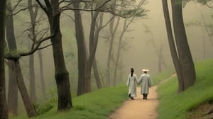 a couple strolling hand in hand along a peaceful forest path in ancient China's Song Dynasty 