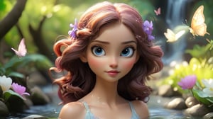 A delicate portrayal of a character: a young woman, mid-twenties, with a meticulously crafted head showcasing intricately detailed features—fine hair falling in soft waves, eyes sparkling with subtle intensity, ears and nose finely sculpted, her complexion a smooth, natural tone. She is dressed impeccably, in a finely tailored outfit that accentuates her femininity. Her slender figure carries grace effortlessly, her hands delicate yet expressive. Standing barefoot in a serene garden scene, surrounded by vibrant blooms and a gently flowing stream. She holds a tiny, delicate butterfly in her cupped hands, captured in exquisite macro detail, the lens tilting to capture every intricate facet. The atmosphere is tranquil, bathed in soft, diffused sunlight filtering through a canopy of trees, the weather calm and mild. The setting enhances the ethereal beauty of the moment, the environment perfectly framing her serene presence.