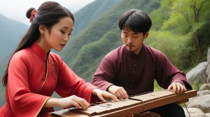 chinese A woman and chinese a man playing the guzheng in the mountains