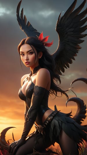 A chilling hybrid creature with the head of a beautiful human woman and the powerful body of a massive, predatory bird. Its penetrating gaze holds a disturbing intelligence, and its hooked beak and razor-sharp talons promise a deadly threat. Feathers of jet-black and ominous crimson cover its muscular frame, while a pair of vast, leathery wings unfurl from its back, casting an ominous shadow over the land. Despite its horrifying nature, the Renmiao moves with a haunting grace, hinting at a deeper, more complex nature beneath its monstrous exterior.