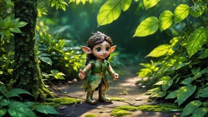 Macro photography scene. A tiny elf with delicate features stands in a forest with morning sunlight filtering through the canopy. The forest is filled with tall, ancient trees, their leaves a vibrant green. The elf is dressed in a flowing green robe with intricate gold embroidery, blending harmoniously with the surroundings. The atmosphere is serene, with the sound of birds chirping and a gentle breeze rustling the leaves. The elf raises her arms, casting a protective spell over the forest. Using macro and tilt-shift photography, captured in intricate detail through macro photography. Super high quality, 8k.