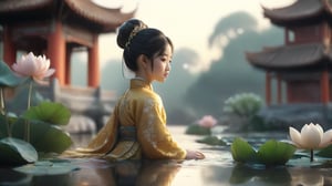 A serene moonlit scene: a Chinese girl in a majestic golden Hanfu dress, her silhouette subtly visible against the silvery glow. Amidst the tranquil atmosphere of an ancient Chinese garden, a majestic pavilion rises behind lush lotus blooms, reflecting off the calm pond's surface. Several koi fish swim lazily, as fairies flit about, adding whimsy to this enchanting setting.