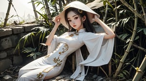 A Thailand girl is wearing a traditional white Vietnamese long dress cheongsam and an original bamboo hat on her head,body writing
