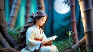 Macro tilt-shift photography, A miniature, A contemplative figure, approximately 25 years old, with long flowing hair, sits beneath a tall pine tree, the moonlight casting delicate shadows through the branches. The figure is dressed in a simple, elegant robe, and holds a small, ancient book. In the background, the bamboo forest sways gently with the breeze. The serene expression on the figure's face reflects deep thought and nostalgia. Super high quality, 8k. Negative prompt: blur, unclear, modern.