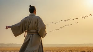 In the open sky, flocks of geese fly in formation, heading south for the winter. Below, a solitary figure stands on a sandy plain, watching the geese with longing. The figure is clad in a long Han dynasty robe, their silhouette stark against the vast sky. HD