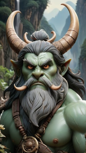 A towering, massive primordial giant, his body pale as ancient jade, with a pair of huge bovine horns jutting proudly from his brow. His deep, piercing gaze is filled with primal power and ancient wisdom, emanating a solemn, mysterious aura reminiscent of classical Chinese scrolls. Focus on sculpting his rugged, weathered features - a face carved by the eons, exuding a sense of timeless dignity. Capture the imposing, monumental presence of this ancient deity amidst a backdrop of layered mountains shrouded in mist, evoking the essence of classical Chinese landscape painting.