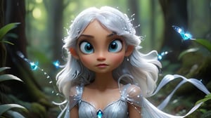 Description:
The camera zooms out to reveal the spirit discovering a glowing path winding through the forest, marked by luminescent crystals. The spirit, with her translucent skin and shimmering silver hair, steps onto the path. Her delicate dragonfly wings flutter softly with anticipation. Her gown, made of spider silk, glistens as she walks. The path, lined with sparkling crystals, guides her deeper into the forest, where a faint, mysterious light beckons her. Her large, curious eyes reflect her determination to uncover the path's secrets.