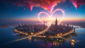A floating city where a heart's map unfurls in the sky, with dreams painted in light on an invisible canvas. The map radiates with multicolored lights, with each line leading to new possibilities. The city is filled with futuristic technology and fantastical buildings.

