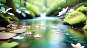 Macro tilt-shift photography, A miniature, A gentle stream flowing through a forest, with delicate flower petals floating on the surface of the water. The forest is lush and green, with sunlight filtering through the trees, casting dappled shadows on the ground. The petals create a soft, colorful contrast against the clear water, symbolizing the passage of time and seasons. Birds can be heard chirping in the distance, enhancing the peaceful atmosphere. Super high quality, 8k. Negative prompt: blur, dull, artificial.