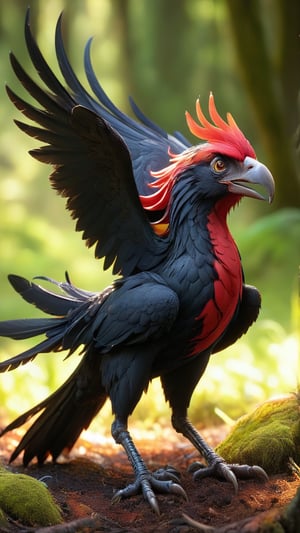 A chilling hybrid creature with the head of a human and the body of a massive, predatory bird. Its penetrating gaze holds a disturbing intelligence, and its hooked beak and razor-sharp talons promise a deadly threat. Feathers of jet-black and ominous crimson cover its powerful frame, while a pair of vast, leathery wings unfurl from its back, casting an ominous shadow over the land.