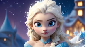 In Frozen, Elsa meticulously crafts a scene with a tiny character setting: A young girl, approximately seven years old, with flowing platinum blonde hair adorned with delicate snowflake hairpins, her eyes a vibrant icy blue, framed by long lashes and complemented by a small, gently sloped nose. Her porcelain skin carries a subtle rosy hue, dressed in an elegant ice-blue gown intricately embroidered with frost-like patterns, accentuating her slender figure. Barefoot on a snow-covered balcony overlooking a grand ice palace, surrounded by towering snow-capped mountains under a starlit sky, softly illuminated by the Northern Lights casting ethereal hues of green and purple across the scene. The atmosphere captures a moment of serene magic. Macro photography and tilt-shift techniques enhance the scene's intricate details, emphasizing the delicate textures of the snowflakes and the enchanting quality of the setting.