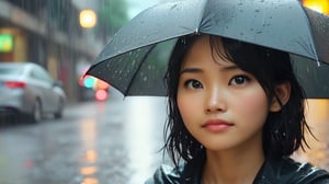A Taiwanese girl stands in the rain on a rainy street