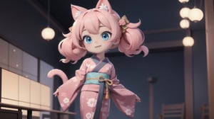 A little girl with cat ears and a tail, full body, wearing a pink exquisite Japanese kimono, and royal blue eyes.