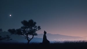 /create prompt: Among the short pine hills of the Song Dynasty, a figure sits, their silhouette highlighted against the moonlit sky, lost in heartbreak. -negative-prompt: joyful, uplifting -camera pan down -fps 24 -gs 16 -motion 1 style: 3D Animation aspect-ratio: 16:9


