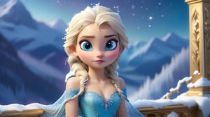 In Frozen, Elsa meticulously crafts a scene with a tiny character setting: A young girl, approximately seven years old, with flowing platinum blonde hair adorned with delicate snowflake hairpins, her eyes a vibrant icy blue, framed by long lashes and complemented by a small, gently sloped nose. Her porcelain skin carries a subtle rosy hue, dressed in an elegant ice-blue gown intricately embroidered with frost-like patterns, accentuating her slender figure. Barefoot on a snow-covered balcony overlooking a grand ice palace, surrounded by towering snow-capped mountains under a starlit sky, softly illuminated by the Northern Lights casting ethereal hues of green and purple across the scene. The atmosphere captures a moment of serene magic. Macro photography and tilt-shift techniques enhance the scene's intricate details, emphasizing the delicate textures of the snowflakes and the enchanting quality of the setting.