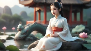 A Chinese girl is wearing a white Hanfu dress, and her figure is vaguely visible. China is ancient. Moon, pavilion, lotus and pond. Several koi fish, fairies,dragon