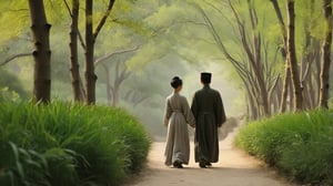A couple strolling hand in hand along a peaceful forest path in ancient China's Song Dynasty. 