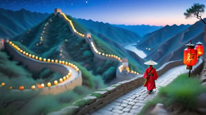 Macro tilt-shift photography, A miniature, A lone traveler, approximately 30 years old, dressed in traditional Chinese attire with a long robe and a wide-brimmed hat, walking along a winding mountain path beside a serene river. In the distance, the Great Wall of China stretches across the horizon. The night sky is dotted with countless stars, and thousands of lanterns light up the camps along the path. Super high quality, 8k. Negative prompt: blur, unclear, modern.