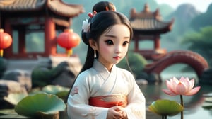 A Chinese girl is wearing a white Hanfu dress, and her figure is vaguely visible. China is ancient. Moon, pavilion, lotus and pond. Several koi fish, fairies,dragon