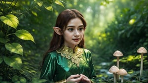 Macro photography scene. The same tiny elf with delicate features, approximately 10 years old, now kneels beside a glowing mushroom, her delicate hands gently touching its cap. She wears a shimmering green dress adorned with intricate gold embroidery and tiny leaf-shaped accessories. Her long, flowing auburn hair falls gracefully around her face. Her eyes are wide with wonder and concentration as she inspects the mushroom closely. The forest background is blurred, focusing on the elf and the mushroom. The camera captures this from a close-up, using macro and tilt-shift photography to emphasize the intricate details of her clothing, the mushroom's texture, and her expressions. Super high quality, 8k.