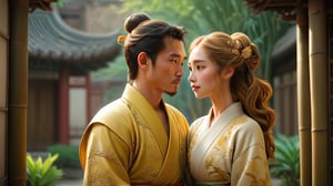  In an ancient courtyard, two lovers stand at opposite ends of a long corridor. The man wears a long robe embroidered with golden dragon patterns from the Han dynasty, and the woman wears a robe with phoenix patterns, with a golden hairpin in her hair, filled with longing. Moonlight filters through the bamboo shadows in the courtyard, illuminating their faces, filled with endless yearning.
   - Keywords: long corridor, dragon pattern robe, phoenix pattern robe, golden hairpin, bamboo shadows, Han dynasty, yearning
