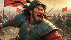 A fierce melee broke out in front of the city gate in the Yuan Dynasty of China. Several Chinese Yuan Dynasty city gate guards are fighting with a group of Mongolian cavalry. The guards of the Yuan Dynasty were all tall and mighty, with thick eyebrows and big eyes, and their dark faces were covered with sweat and murderous intent. They wielded swords and spears with swift and powerful movements. The Mongolian cavalry were no less generous. They were all tall and strong, with eyes as sharp as eagles. They were armed with scimitars and spears. Their rapid attacks made the Yuan Dynasty guards retreat steadily. The two sides are going back and forth, and it seems that someone will die at any time amid the flash of swords and shadows.