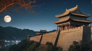 a majestic ancient city wall from the Song Dynasty beneath a star-studded night sky with a full moon 