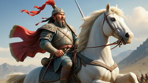 Mongolian general on the battlefield in China's Yuan Dynasty On the battlefield, a Mongolian general galloped on his horse. He is tall and tall, with a resolute and heroic face, and his brows are full of killing intent. His beard is flowing and his eyes are as sharp as an eagle, like a cold god of war descending into the world.
