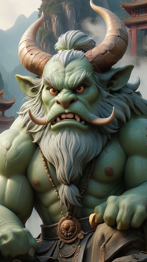 A towering, massive primordial giant, his body pale as ancient jade, with a pair of huge bovine horns jutting proudly from his brow. His deep, piercing gaze is filled with primal power and ancient wisdom, emanating a solemn, mysterious aura reminiscent of classical Chinese scrolls. Focus on sculpting his rugged, weathered features - a face carved by the eons, exuding a sense of timeless dignity. Capture the imposing, monumental presence of this ancient deity amidst a backdrop of layered mountains shrouded in mist, evoking the essence of classical Chinese landscape painting.