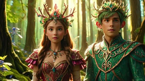/create prompt: Adrian and Lillian, adorned in elaborate fantasy costumes, standing in a magical forest surrounded by ancient, mystical trees and shimmering elves. -camera zoom out -fps 24 -gs 16 -motion 1 -style: HD movies -ar 16:9
