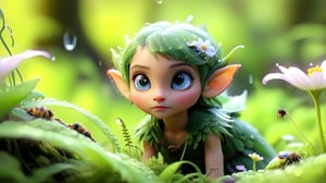 The macro lens captures a miniature human scene. A tiny elf, with delicate features and vibrant green attire, stands in a dense, moss-covered forest bathed in early morning sunlight. Bees buzz around blooming flowers as she delicately gathers tiny drops of morning dew, captured in intricate detail through macro photography. Using macro photography and tilt-shift photography, she gracefully moves among the ferns and wildflowers, the camera focusing on her movements against the dew-kissed petals. Super high quality, 8k. Negative prompt: -blur, -unclear. -camera pan down left -fps 24 -gs 16 -motion 1 -style: HD movies -ar 16:9