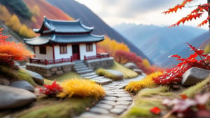 Macro tilt-shift photography, A miniature, A winding stone path leading up the cold mountain, with golden and red autumn leaves carpeting the ground. White clouds drift lazily through the deep valleys, and nestled among them is a quaint Chinese household, smoke gently rising from its chimney. Super high quality, 8k. Negative prompt: blur, unclear, modern.