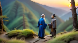 Macro tilt-shift photography, A miniature, Two figures, a young man and an older man, standing on a mountain path at dusk, surrounded by tall trees. The younger man, approximately 18 years old, dressed in simple but elegant traditional Chinese attire, waves goodbye to the older man. The older man, around 60 years old, with a long beard, stands with a staff, looking back with a solemn expression. The setting sun casts long shadows and a warm glow over the scene. Super high quality, 8k. Negative prompt: blur, unclear, modern.