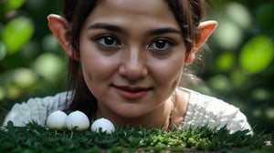 Macro photography scene. The elf, approximately 8 years old, is now depicted from the knees up. She holds a small, glowing orb in her hands, her face illuminated by its soft light. The details of her dress and the texture of the mushrooms around her are captured clearly. The close-up uses macro and tilt-shift photography to emphasize the intricate details of her clothing, the magic in the field, and the wonder in her expressions, creating a rich, captivating scene. Super high quality, 8k. Negative prompt: blur, unclear, complex.