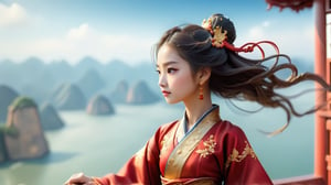 Macro tilt-shift photography, A miniature, A young woman in ancient Chinese attire stands on a high tower, gazing at the vast horizon where the water meets the sky. She wears a deep red hanfu with golden embroidery. The wind gently blows her hair and robes, and her expression is one of longing. The expansive view and her detailed attire are captured in macro photography.