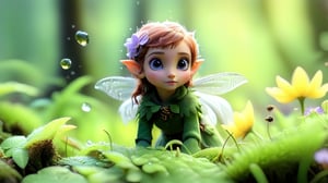 The macro lens captures a miniature human scene. A tiny elf, with delicate features and vibrant green attire, stands in a dense, moss-covered forest bathed in early morning sunlight. Bees buzz around blooming flowers as she delicately gathers tiny drops of morning dew, captured in intricate detail through macro photography. Using macro photography and tilt-shift photography, she gracefully moves among the ferns and wildflowers, the camera focusing on her movements against the dew-kissed petals. Super high quality, 8k. Negative prompt: -blur, -unclear. -camera pan down left -fps 24 -gs 16 -motion 1 -style: HD movies -ar 16:9